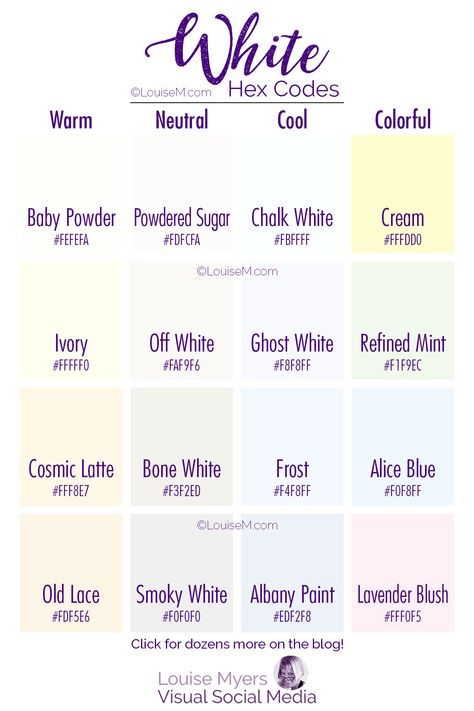 chart of 16 tints of White with Hex Codes. Off White Color Palette, White Hex Code, Broken White Color, Fall Fonts, White Color Palette, Eye Color Chart, Pantone Color Chart, Colours That Go Together, Hex Color