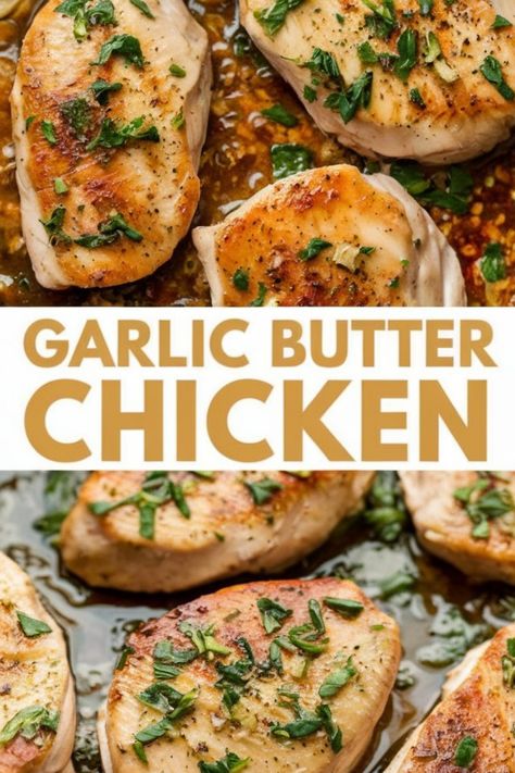 Garlic butter chicken breasts garnished with herbs in a pan. Chicken In Chicken Broth Recipes, Stove Top Chicken Recipes, Butter Garlic Chicken, Lemon Garlic Butter Chicken, New Recipes To Try, Chicken Smothered, Top Chicken Recipes, Garlic Chicken Recipes, Chicken With Olives