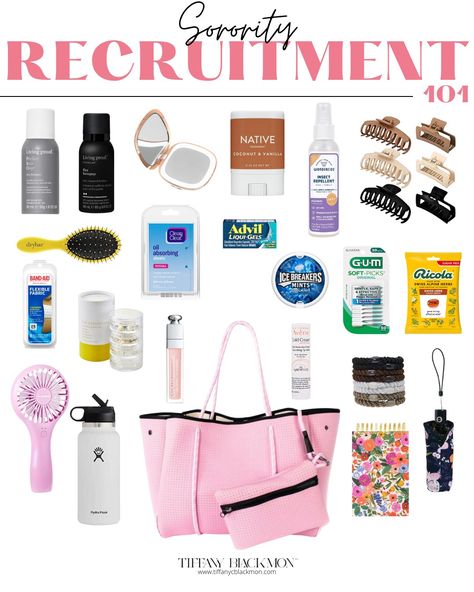 Rush Bag Ideas, Rush Bag Essentials, Rush Week Essentials, Sorority Rush Bag Essentials, Sorority Rush Bag, Questions To Ask Sorority Recruitment, Rushing Outfits Sorority, Sorority Makeup, Pref Night Sorority Recruitment