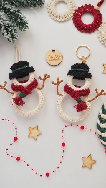 Macrame Snowman, Macrame Santa Ornament Tutorial, Macrame Snowman Ornament, Wreath Macrame Ornament, Santa Macrame Ornament, Handmade Xmas Gifts, Macrame Christmas Tree Ornaments Tutoral, Angel Ornaments Diy, Crochet Christmas Ornaments Free