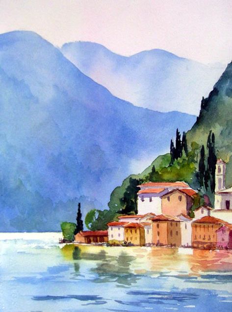 Photos To Watercolor, Italy Painting Watercolour, Watercolor Cottages Simple, Italian Landscape Art, Circular Watercolor Paintings, Lake Como Watercolor Painting, Landscapes Watercolor Paintings, Italian Watercolor Painting, Watercolor Italy Landscapes