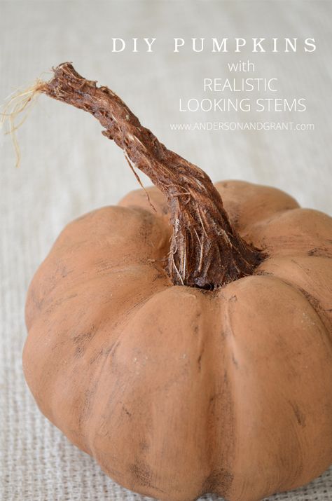 Check out this amazing DIY post on creating Pumpkins with Realistic Looking Stems | www.andersonandgrant.com Diy Pumpkin Carving, Pumpkin Stems, Diy Pumpkins, Shabby Chic Fall, Diy Pumpkin Spice, Large Pumpkins, Fake Pumpkins, Pumpkin Decorations, Pumpkin Topiary