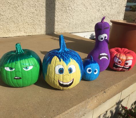 Pixar's Inside Out painted pumpkins! Inside Out 2 Pumpkin Ideas, Inside Out Characters Pumpkins, Disney Characters Pumpkin Painting, Inside Out Painted Pumpkins, Inside Out 2 Pumpkin, Pumpkin Painting Disney Characters, Inside Out Pumpkin Decorating, Inside Out 2 Pumpkin Painting, Pumpkin Decorating Disney