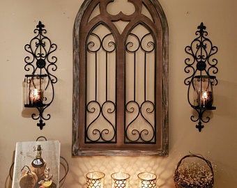 Sconces Ideas, Window Farmhouse, Tuscany Decor, Arched Wall Decor, Church Window, Cathedral Window, Dining Ideas, Wall Decor Wood, Country Wall Decor