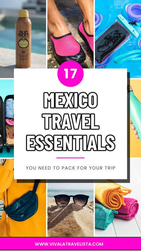 A grid of Mexico travel essentials that you need to pack for a Mexico vacation 10 Days In Mexico Packing, Mexico Essentials, Mexico Gift Basket, How To Dress For Mexico Vacation, Mexico Vacation Must Haves, Cancun Must Haves, Must Haves For Mexico Vacation, Cancun Essentials Packing Lists, Mexico Must Haves