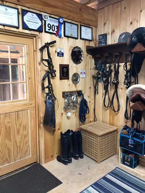 Small Feed Room Ideas, Small Tack Room Organization, Small Tack Room, Small Tack Room Ideas, Horse Feed Storage, Tack Room Organization, Feed Room, Horse Tack Rooms, Horse Farm Ideas