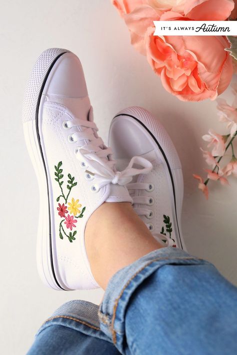 Teens will love this fun craft! Learn how to turn cheap canvas sneakers into a pair of gorgeous custom designed shoes with simple embroidery stitches. No embroidery experience needed! Embroidery On Shoes, Embroidered Trainers, Simple Embroidery Stitches, Cheap Canvas, Designed Shoes, Lazy Daisy Stitch, Custom Design Shoes, Embroidery Shoes, Embroidered Shoes