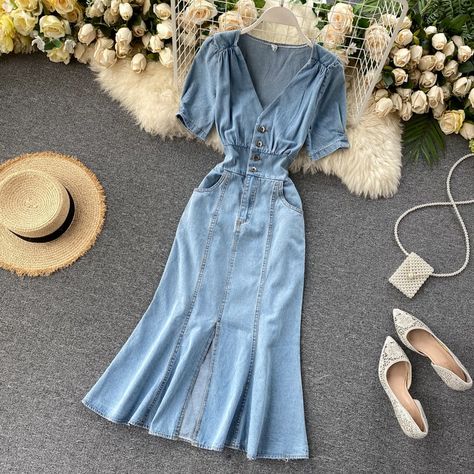 Short Sleeve Denim Dress, Denim Dress Summer, Vintage Denim Dress, Womens Denim Dress, Midi Denim, Denim Chic, Long Jeans, Denim Shirt Dress, Dress Size Chart