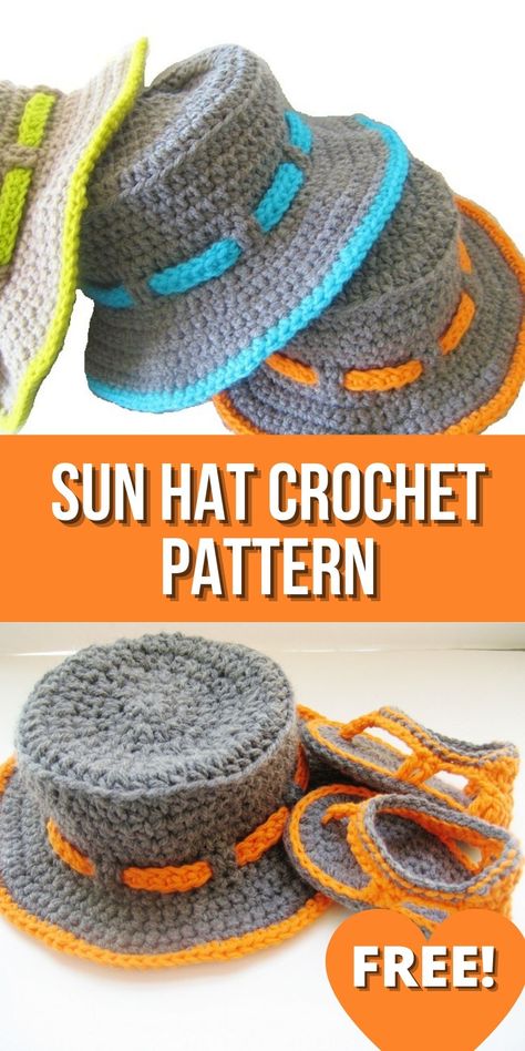 This crochet pattern for boys will help you make an adorable sun hat this summer. It includes baby, toddler, and children’s sizes. You can use cotton yarn for this easy boy's hat crochet project. It is a simple and beginner friendly hat with a brim. Crochet Sun Hat Pattern, Sun Hat Crochet, Sun Hat Pattern, Crochet Baby Boy Hat, Boy Crochet Patterns, Crochet Hats For Boys, Crochet Hat With Brim, Crochet Bonnet, Crochet Newborn Hat