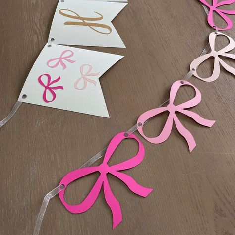 [CommissionsEarned]  Pink Bow Garland  Handcrafted With Love, This Banner Is The Perfect Addition To Any Birthday Celebration, Bringing An Extra Dose Of Joy And Elegance To The Party. You Can Hang This For A Birthday Party, Use It As A Table Runner For A Galentines Party, Hang It On The Wall For A Bridal Shower Or Bachelorette Theme Of 'She's Tying The Knot'. Bows Are All The Rage Now And This Is The Trendy Addition You Need For Your Next Party! #shestyingtheknotbridalshowerdecor Bow Themed Party Decor, Bow Bachelorette Theme, Bow Party Theme, Bow Themed Party, Bow Themed Birthday Party, Girly Decorations, Banner Craft, Coquette Party, Bachelorette Theme