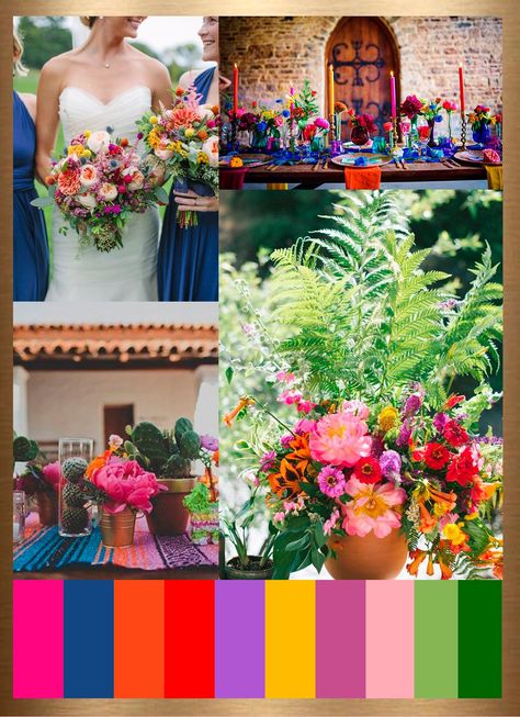 Mexican Party Color Palette, Mexican Wedding Colors Palette, Mexican Wedding Palette, Neon Wedding Color Palette, Wedding Bright Color Schemes, Mexican Wedding Florals, Wedding Color Schemes Mexican, Mexican Wedding Color Schemes, Mexican Colorful Wedding