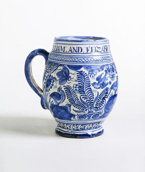 Blue And White Mug, Historic Pottery, Delft Clay Casting, Antique Pottery Marks Porcelain, Delft Tea Cup, English Pottery, Geometric Decor, Blue Pottery, Decorative Pottery