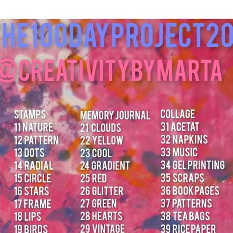 Creativity By Marta on Instagram: "So, tomorrow sunday the 18th, I will join the 100 day project 2024. 🩷 It will be really fun. I actually never thought I would do it but realize I really want to do it! 😁 And it is a good opportunity for me to be creative everyday for 100 days, some well needed me-time! And aslo, to use a lot of my stash that I have for making creative stuff. 💃 I saw that @kassandralouisedesigns made a super good promt list for the 100 days and I made a similar one. But I changed 3 media. In my promt list I don't have the medias 'pastes', 'gouache' and 'art sprays'. I changed those to 'memory journal', 'ongoing (projects)' and 'oil crayons'. The medias changed but I have still the same promts every day that Kassandra has in her list. 🩷🩷 This type of list make it very Promt List, Memory Journal, Smash Books, Creative Stuff, Super Good, I Changed, Smash Book, Memory Books, Be Creative