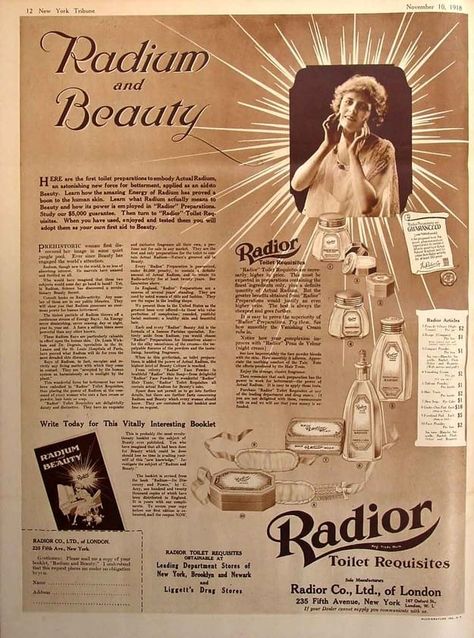 Radioactive Makeup, Worst Inventions, Radium Girls, Funny Vintage Ads, Vintage Medical, Marie Curie, Retro Ads, Atomic Age, Old Ads