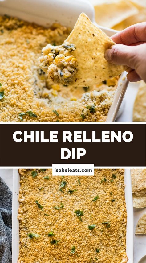 This easy recipe for Chile Relleno Dip is a fun take on traditional Mexican Chile Relleno, but as a dip made with roasted poblano peppers, cream cheese, sour cream, shredded cheese, and seasonings. Enjoy it as an appetizer with tortilla chips or as a cheesy topping on tacos. Perfect for Cinco de Mayo or to bring to any party or celebration! Healthy Small Bites, Peppers Cream Cheese, Mexican Chile, Isabel Eats, Roasted Poblano Peppers, Roasted Poblano, Mexican Appetizers, Homemade Tortilla Chips, Poblano Peppers