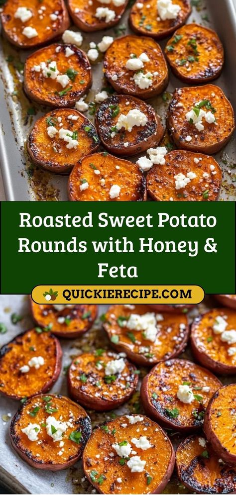 Sweet, savory, and bursting with flavor, these Roasted Sweet Potato Rounds with Honey & Feta are a simple and delicious side dish. The perfect balance of sweet, salty, and tangy! Ingredients: 2 large sweet potatoes, sliced into rounds 1/4 cup honey 1/4 cup crumbled feta cheese 1 tbsp olive oil A sweet and savory side dish that’s sure to impress Honey Feta, Roasted Sweet Potato Slices, Sweet Potato Appetizers, Sweet Potato Rounds, Potato Rounds, Sweet Potato Side Dish, Sweet Potato Recipes Roasted, Sweet Potato Sides, Sweet Potato Thanksgiving