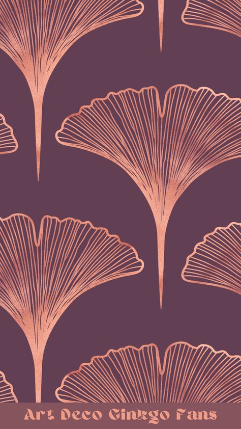 Beautiful a bit cooler and slightly muted shade of plum purple - plain solid background with detailed faux copper/rose gold Japanese ginkgo biloba leaf. Leaves arranged in half drop seamless pattern, perfect as classic, warm&cozy elegant wallpaper in art deco style with a boho touch. Neutral palette interior design. Trendy color home decor, curtains, bedding, tableware etc. Natural earth tones trend. Ginkgo Wallpaper, Gingko Wallpaper, Bathroom Art Deco, Wallpaper In Bathroom, Pebble Wallpaper, Purple Art Deco, Timeless Wallpaper, Painted Wood Chairs, Plum Wallpaper