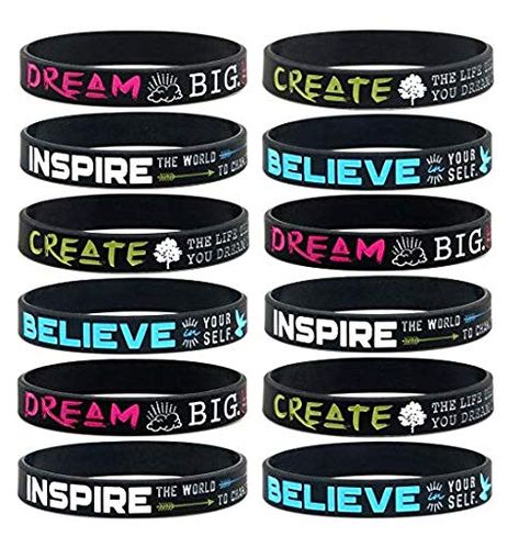 PRICES MAY VARY. Size is 7.95 inches around the wrist and 0.47 inches in width; best fit for girls, teens and women Made with high quality, durable silicone material for an easy slip on-off and a soft feel Comes with 4 different positive messages: Dream, Believe, Create and Inspire for daily motivation 12 pack bulk bracelets for group gifts, goodie bags, give away for adults and party dance favors Can be used to motivate and send out positive messages for cheerleading, gymnastics and girl scouts Motivational Bracelets, Cheerleading Gifts, Message Bracelet, Inspirational Bracelets, Rubber Bracelets, Wristband Bracelet, Silicone Bracelets, Motivational Messages, Unique Bracelets