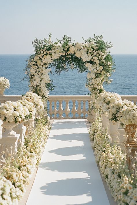 A Balconied Wedding Aisle Floral Dream by the Sea Luxury Beach Wedding Ceremony, Wedding Flower Aisle, Beach Wedding Florals, Wedding Aisle Floral, Flower Aisle, Aisle Flowers, Wedding Beach Ceremony, Waterfront Wedding, White Florals