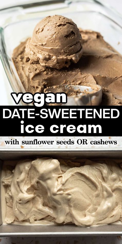 This vegan date ice cream is perfectly creamy and made from just 5 wholesome ingredients! Adapted from our popular vegan oat milk ice cream, this recipe also contains NO coconut or oil. Plus, with a nut-free option using sunflower seeds, everyone can enjoy this refined-sugar-free treat! No Sugar Ice Cream, Date Ice Cream, Oat Milk Ice Cream, Vegan Mango Ice Cream, Vegan Ice Cream Recipe, Banana Nice Cream, Ice Cream Maker Recipes, Plant Based Desserts, Dairy Free Ice Cream