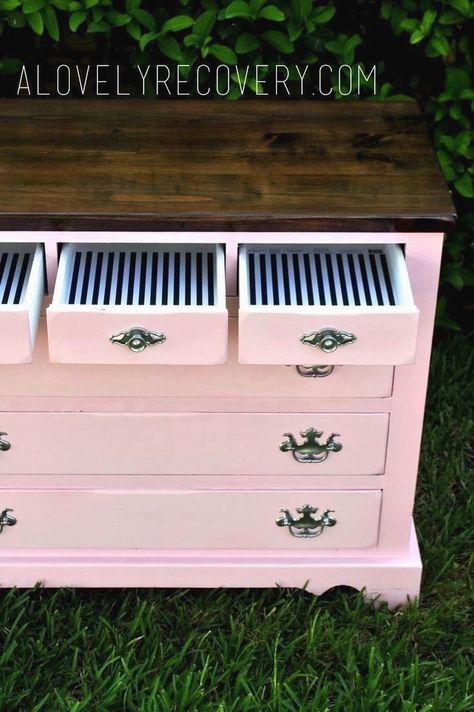 painted dresser. painted furniture. DIY, Stripes, Peekaboo drawers, striped dresser.pink dresser. stained top stained dresser, pink and white dresser. silver hardware. shabby chic glossy high gloss modern home decor, little girls dresser, little girls pink room makeover Pink Room Makeover, Striped Dresser, Dresser Pink, Girls Dresser, Commode Shabby Chic, Diy Shabby Chic Furniture, Stained Dresser, Girl Dresser, Pink Dresser