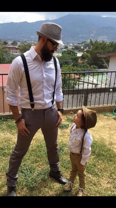 Dad and son rocking a vintage look with suspenders and hats. Casual Suspenders Outfit, Lehanga Cholis, Father Son Photos, Teddy Bear Birthday Party, 1st Birthday Outfit Boy, Concept Shoot, Dad And Son, Bear Birthday Party, Daily Exercise