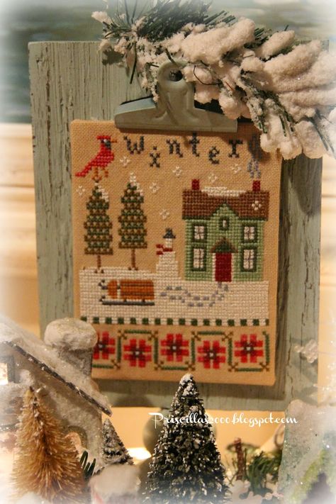 Display Cross Stitch, Crossstitch Finishes, Priscilla Blain, Stitching With The Housewives, Primitive Decorations, Lizzie Kate, Cross Stitch House, Xmas Cross Stitch, Winter Cross Stitch