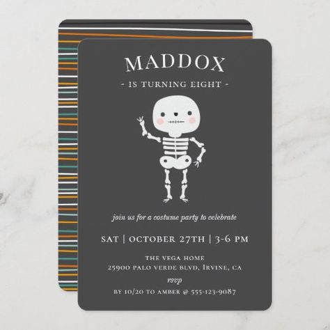 $3.16 | Cute Skeleton Halloween Birthday Party | Halloween Birthday Invitations | birthday, party, simple, cute, boy, halloween, costume party, cool, orange, skeleton Orange Skeleton, Halloween Invitations Kids, Halloween Birthday Party Invitations, Boy Halloween, Halloween Birthday Party, Halloween Birthday Invitations, Cute Skeleton, Halloween Party Invitation, Boy Halloween Costumes