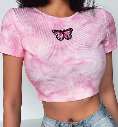 d25414405eb37dae1c14b18d6a2cac34desc45351156ri Pink Shirt Outfit, Y2k Cardigan, Embroidered Butterfly, Tie Dye Crop Top, Wardrobe Tips, Outfits Chic, Crop T Shirt, Nice Style, Pink T Shirt