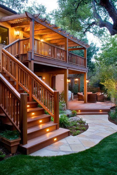 Have you ever seen stairs that transform a two-story deck into an elegant connection between spaces? I love how these designs open up both levels, making your backyard functional and stylish. Whether it’s a wraparound or straight design, these stairs offer flexibility and charm. Discover how these deck stair ideas can redefine your outdoor living space. Second Story Wrap Around Deck, Stairs From Deck To Yard, Decking Stairs Ideas, Second Story Deck Stairs, 2 Story Deck Designs, Deck Ideas On A Slope, 2nd Story Deck Ideas, Balcony With Stairs, Back Deck Stairs