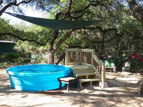 My stock tank swimming pool, yay! Perfect for hot Texas summers. Cowboy Pool, Stock Tank Swimming Pool, Tank Pool, Stock Tank Pool, Stock Tank, Backyard Design, Outdoor Table, Swimming Pools, Outdoor Living