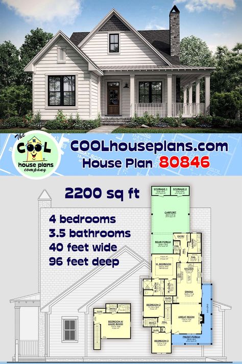 This 40' wide country house plan was designed with a narrow lot in mind. With 4 bedrooms and 3.5 baths and a wraparound porch this plan is functional and versatile while keeping the heated square footage at 2200 s.f. The kitchen has an island for prep and a walk-in pantry for additional storage. In the Main Bedroom Suite you'll find a generous walk in shower and an enclosed toilet room. There are two guest rooms downstairs and a third upstairs that has full height access to the attic. Home Plan Drawing, Enclosed Toilet, Country Floor Plans, Porch Storage, Architectural Floor Plans, Farmhouse Style House Plans, American House, Country House Plan, Craftsman Bungalows