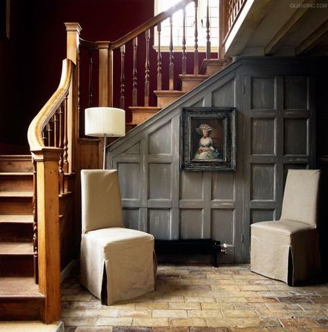 Create a sitting area in the space under the staircase. Love the paneled walls! ~ The Sixth Duke: Craftsman Wainscoting, Wainscoting Height, Picture Frame Wainscoting, Wainscoting Stairs, Wainscoting Kitchen, Burgundy Walls, Faux Wainscoting, Wood Wainscoting, Wainscoting Bedroom