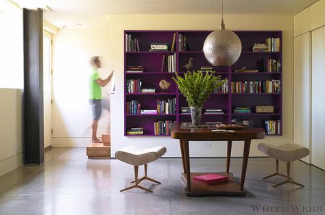 Purple Bookshelves, Bookcase Decorating Ideas, Country Modern Home, Bookcase Styling, Bookcase Design, Purple Rooms, Book Shelf, New Wall, Benjamin Moore