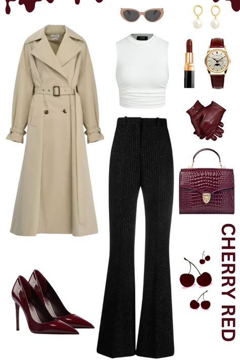 🍒 Pairing an iconic and stylish cherry red Jimmy Choo high-heels with a cherry red purse, leather gloves, a golden watch, and pearl earrings. A long cream trench coat with a white top and long striped black wide pants. Cream sunglasses with cherry red Chanel lipstick bring a detail to the outfit as a whole. Perfect for office work, university, or just having a nice night out with the girls in the city.

#CherryRedChic #OfficeFashion #UniversityStyle #CityLifeFashion #NightOut #Elegant #Fashion Trench Coat Heels Outfit, Red Heels Outfit Work, Cherry Red Heels Outfit, Cherry Red Outfit Aesthetic, Cherry Red Shoes Outfit, Cream And Red Outfits, Black And Red Outfit Classy, Red Heels Outfit Classy, Burgundy Heels Outfit