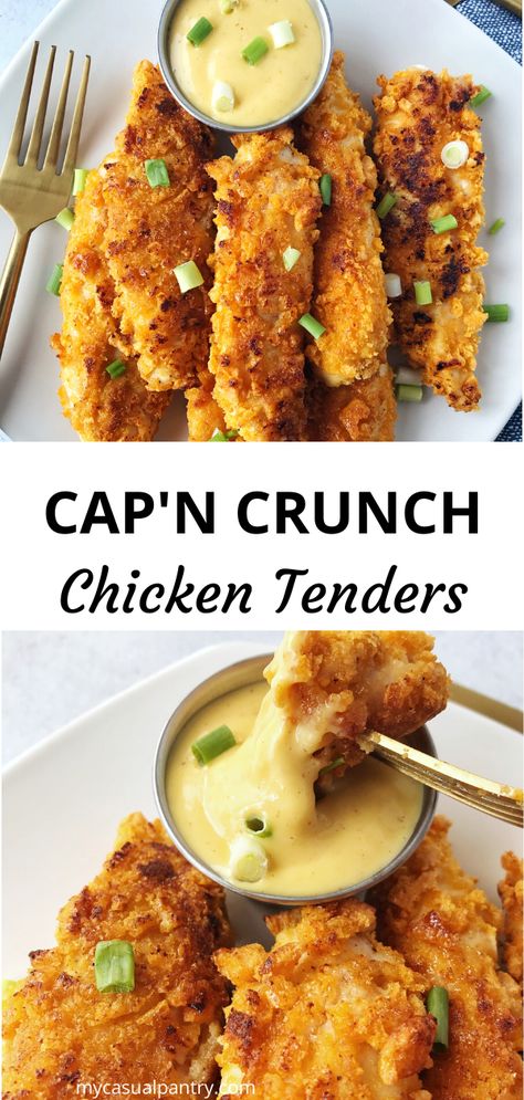 Cereal Chicken Tenders, Captain Crunch Chicken Tenders, Cereal For Dinner, Cereal Chicken, Captain Crunch Chicken, Fried Chicken Tenders Recipe, Crunchy Chicken Tenders, Cornflake Chicken, Chicken Finger