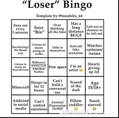 Loser Bingo, Fill The Jars Template, Personality Chart, About Me Template, Funny Charts, Character Sheet Template, Bingo Sheets, Bingo Template, Character Profiles