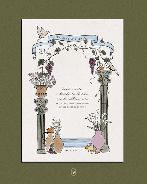 “Years, love and glasses of wine should never be counted”. A welcome sign with soft, romantic ink lines and subtle watercolor accents, reflecting the colour palette of S&C momentous day in Puglia. The illustration is framed by two columns inspired by Baroque architecture found in Puglia, adorned with organic elements like olives, grapevines, citrus fruits, and florals. Illustration & design: @tamborinepress Photographer: @oliveandoath Florals: @britfloral Planner: @sonaweddings #wedd... Romantic Illustration, Romantic Frame, Glasses Of Wine, Organic Elements, Live Painting, Gouache Art, Wedding Illustration, Citrus Fruits, Baroque Architecture