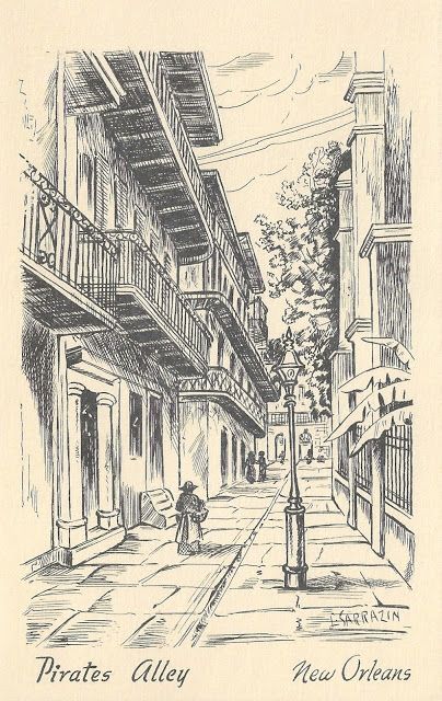 Vintage pen and ink drawing.  Pirate's Alley, New Orleans. Pen And Ink Drawings, New Orleans Art, City Sketch, One Point Perspective, Vintage Pens, Inspiration Tattoo, City Drawing, Point Perspective, Vintage Drawing