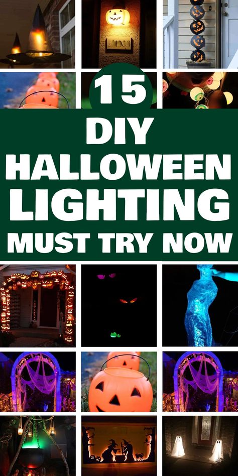 15 DIY Halloween lighting ideas displayed, featuring various spooky and creative themes. Glow In Dark Halloween Decor, Glow In The Dark Halloween Decorations, Diy Halloween Lighting, Diy Halloween Lights, Halloween Lights Diy, Diy Lighting Ideas, Diy Halloween Luminaries, Halloween Chandelier, Halloween Lighting