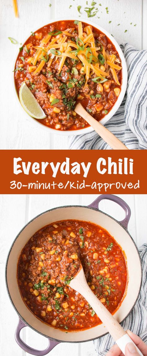 Everyday Beef Chili recipe is a kid-approved, 30-minute meal that comes together using mostly pantry staples. This mild chili recipe has limited ingredients and is the best chili recipe for busy family weeknight meals. Chili Recipe For Kids, Mild Chili Recipe, Thai Sweet Potato Soup, The Best Chili Recipe, Stews Recipes, The Best Chili, Beef Chili Recipe, Vancouver Food, Best Chili