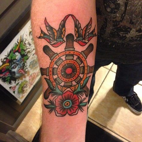 steering wheel Boat Wheel Tattoo, Naval Tattoos, Helm Tattoo, Ship Wheel Tattoo, David Jason, Wheel Tattoo, Boat Wheel, Sailor Jerry Tattoos, Old School Tattoo Designs