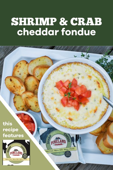 Shrimp and Crab fondue featuring sharp cheddar cheese with baguette slices Crab Fondue Recipes, Seafood Fondue Recipes, Shrimp Fondue Recipe, Crab Fondue, Shrimp Fondue, Seafood Fondue, Football Finger Foods, Fondue Dippers, Cheddar Recipes