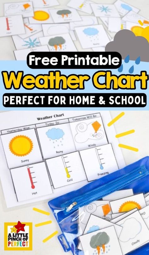 Free Printable Weather Chart for Home or School - A Little Pinch of Perfect Montessori Weather Chart, Weather Patterns Kindergarten, Free Weather Printables Preschool, Weather Symbols For Kids, Weather Chart For Kids, Weather Printables, Social Studies Printables, Cloud Activities, Science Printables