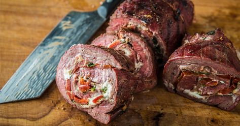 Grilled Stuffed Flank Steak Recipe | Traeger Wood Fired Grills Stuffed Beef Tenderloin, Stuffed Shells Beef, Stuffed Flank Steak, Stuffed Beef, Flank Steak Recipe, Curry Beef, Beef Meals, Flank Steak Recipes, Beef Roll