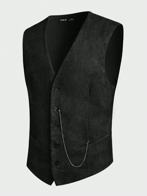 Black Work Collar Sleeveless Woven Fabric Plain  Embellished Slight Stretch  Men Clothing Waist Coat Men, Casual Suit Vest, Wedding Vest, Men Waistcoat, Men Chain, Formal Vest, Double Breasted Waistcoat, Men's Waistcoat, Casual Formal Dresses