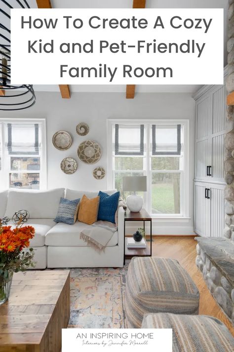 Living Room Decor Dog Friendly, Family Friendly Living Room Cozy, Kid Friendly Home Design, Living Room With Dogs, Kid Friendly Interior Design, Split Level Family Room, Baby Friendly Living Room, Den Ideas Cozy Family Rooms, Toddler Friendly Living Room