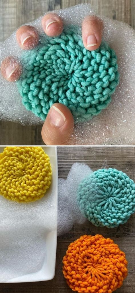 Colorful Knitted Dishcloths Free Patterns.This soft and squishy scrubby in the pictures below is super easy and fast to make and you will love how incredible it cleans everything! What's more, they are great to bundle them with dishcloth sets for gifts, just add some yummy soap and you’re all set. #freeknittingpattern #dishcloth #washcloth Knit Burp Cloth Pattern, Round Dishcloth Knitting Patterns, Knitted Face Cloths Free Pattern, Cotton Knitting Patterns Free, Dish Cloth Knitting Patterns Free, Knitting Scrubbies Free Pattern, Knitted Dishcloths Free Patterns, Scrubby Yarn Patterns, Diy Macrame Projects