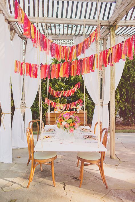 al fresco bridal shower Fabric Strip Garland, Bridal Shower Luncheon, Bridesmaid Luncheon, Spring Bridal Shower, Tassel Garland, Pretty Party, Venue Ideas, Deco Floral, Bridal Shower Theme