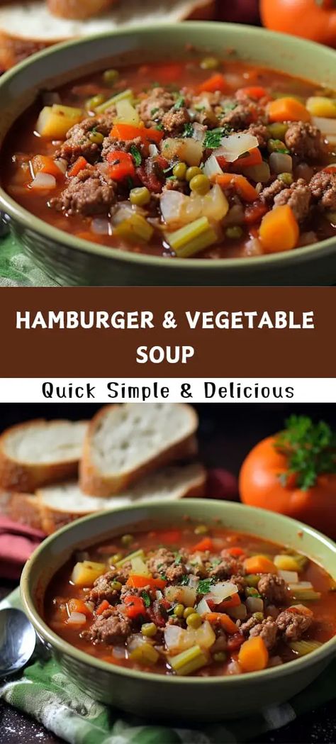 When was the last time you savored a hearty bowl of Grandma's Hamburger & Vegetable Soup? This classic soup recipe is a homemade staple that has been passed down through generations and never fails to impress. Made with simple and wholesome ingredients, this soup is the perfect blend of nostalgia and flavor. Hamburger Soup Crockpot, Easy Vegetable Beef Soup, Easy Hamburger Soup, Homemade Vegetable Beef Soup, Hamburger Vegetable Soup, Hearty Vegetable Soup, Beef Soup Recipes, Soup With Ground Beef, Veg Soup